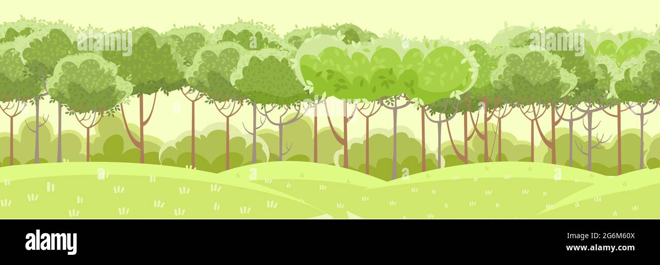 Thin young trees and bushes. Forest or garden. Grassy green rural hills. A beautiful and graceful summer landscape. Flat style. Cartoon design Stock Vector