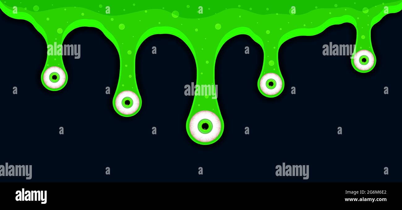 Spooky eyes radiation mucus. Green sticky liquid flows lowering the eyes.The molten paint drips and flows. Vector illustration with toxic eye drops on Stock Vector