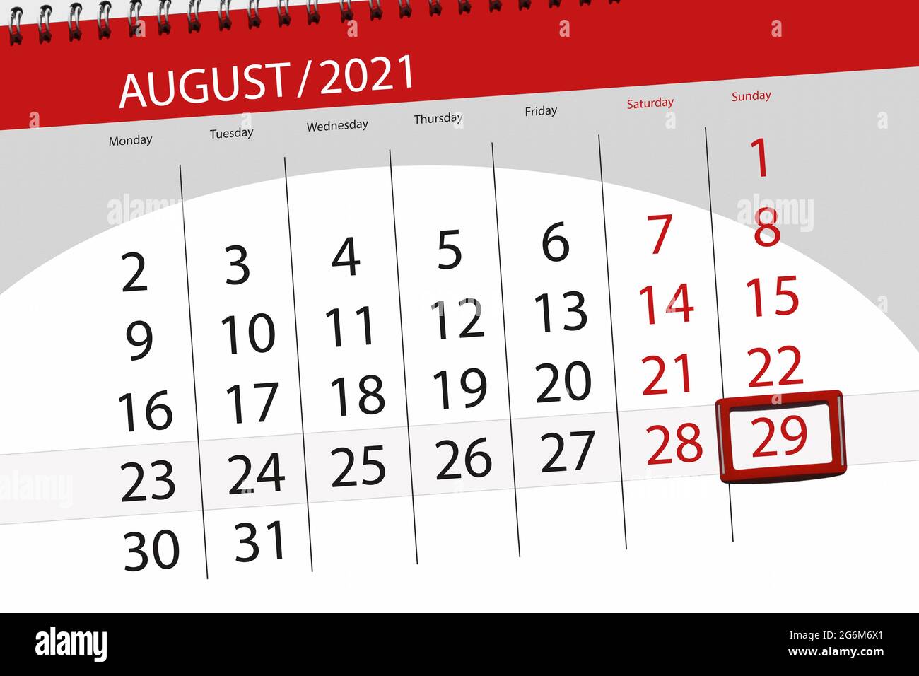 Calendar Planner For The Month August 21 Deadline Day 29 Sunday Stock Photo Alamy