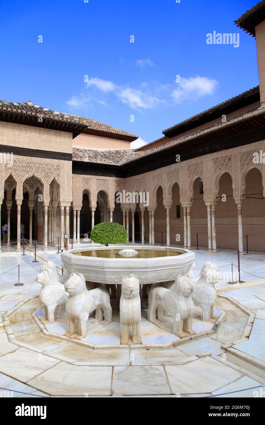 The Patio of the Lions (Patio de los Leones) the most famous place of the Alhambra in Granada Spain.On top of the hill al-Sabika,on the bank of the river Darro.Constructed as a fortress in 889 CE.,then largely ignored.Rebuilt mid-13th century by Arab Nasrid emir Mohammed ben Al-Ahmar of the Emirate of Granada,After the Christian Reconquista in 1492,the site became the Royal Court of Ferdinand and Isabella Stock Photo