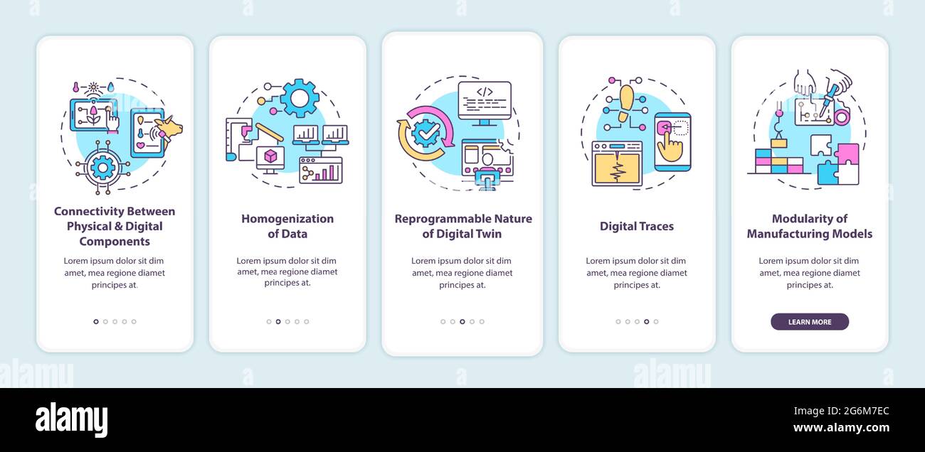 Digital twin characteristics onboarding mobile app page screen Stock Vector