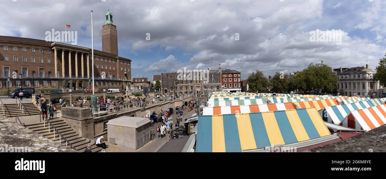 Norwich Town Hall and colourful Market Norfolk England Stock Photo