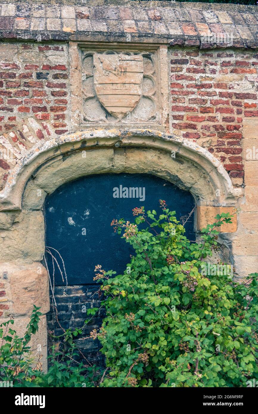 Hidden door bricked up and painted blue with a old crest above half concealed with undergrowth. Cambridge England Stock Photo