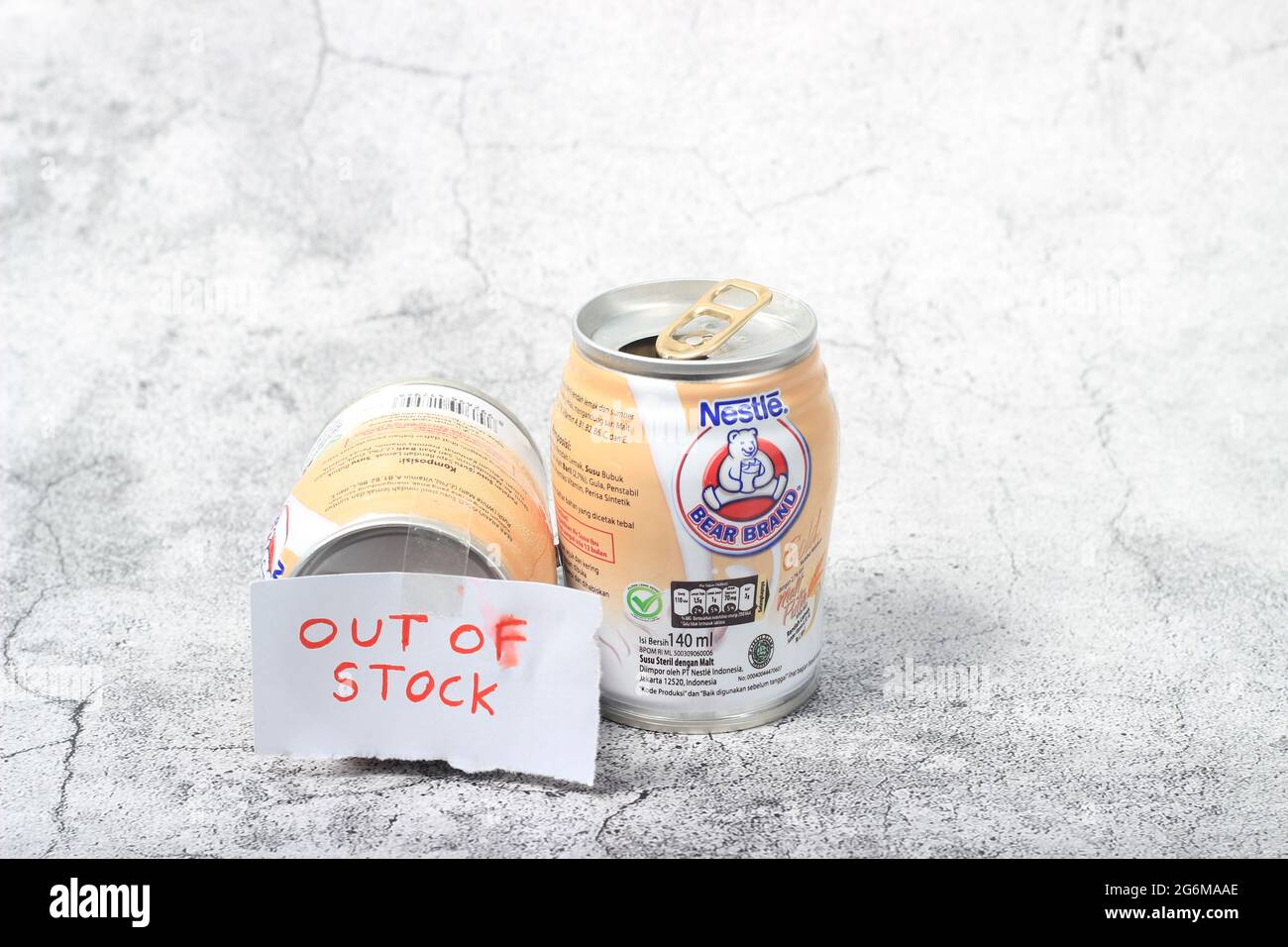 For Editorial Use Only, 05 July2021, Bear Brand Chocolate Milk Can and Text out of stock at Paper, East Jakarta, Indonesia Photo Studio Indoor Stock Photo