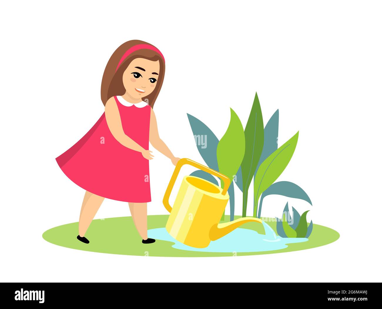 Little girl in pink dress waters growing plants with watering can. Cute female child hobby gardening. Kid working in vegetable garden vector isolated illustration Stock Vector