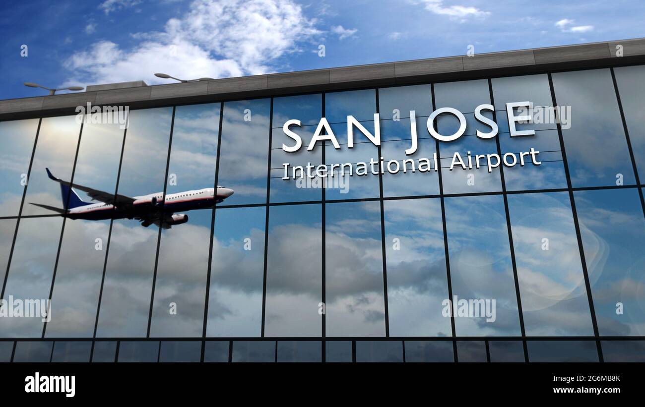 Aircraft landing at San Jose, California, Costa Rica 3D rendering illustration. Arrival in the city with glass airport terminal and reflection of jet Stock Photo