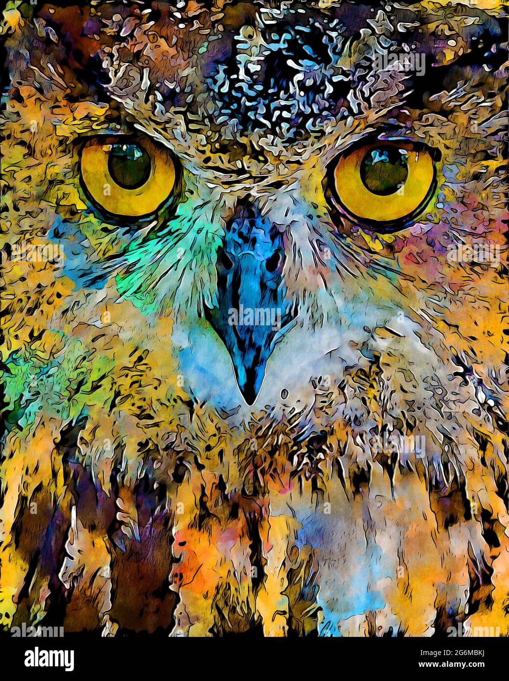 Colorful digital painting close-up portrait of an owl making eye contact Stock Photo