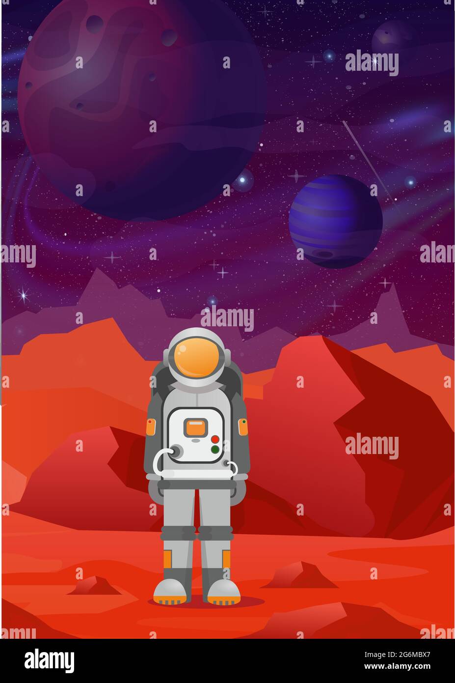 Vector illustrations of astronaut on Mars. red mountains landscape on dark space with planets background. astronomy, space exploration, colonization Stock Vector