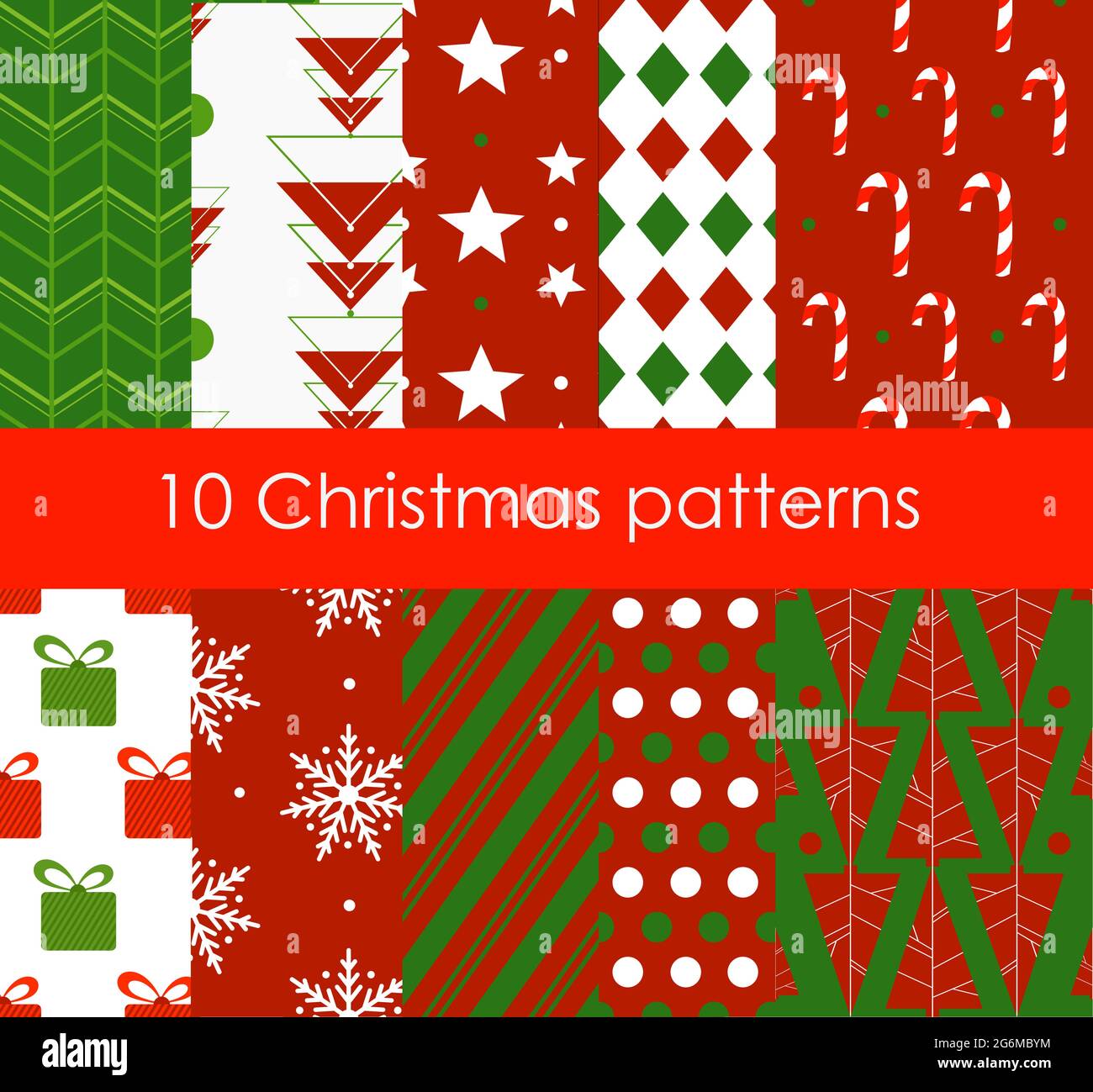 Vector illustration ten Christmas different seamless patterns. Bright ...