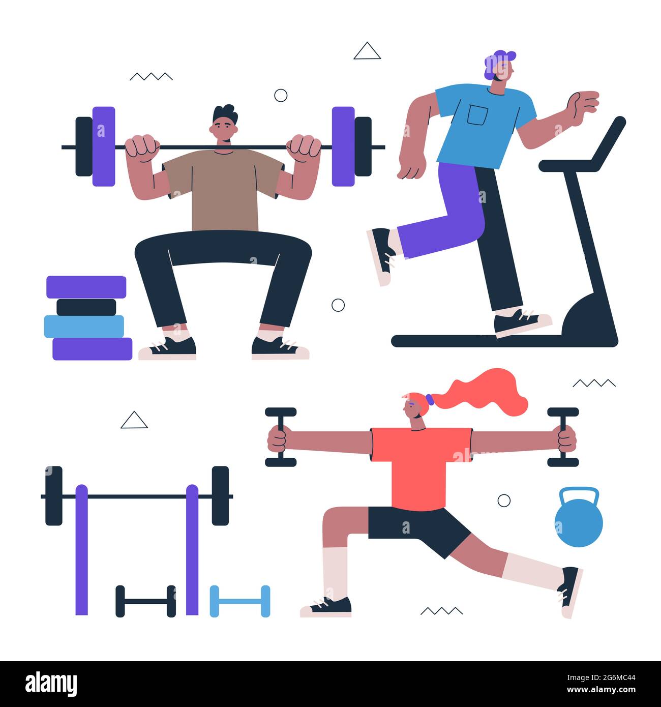 Healthy lifestyle fitness and street workout sports exercises concept. Persons squat with barbell, running on treadmill and morning warm-up with dumbbells. Cardio gym and work-out vector illustration Stock Vector