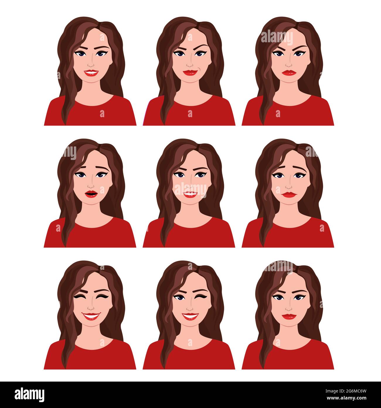 Vector illustration of woman with different facial expressions set. Emotions set on white background in flat style. Stock Vector