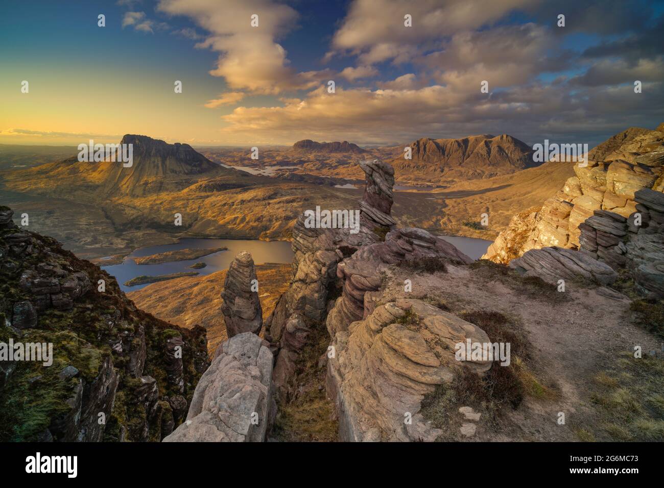 views above the Assynt landscape at sunset. located in the northwest highlands of scotland. Stock Photo