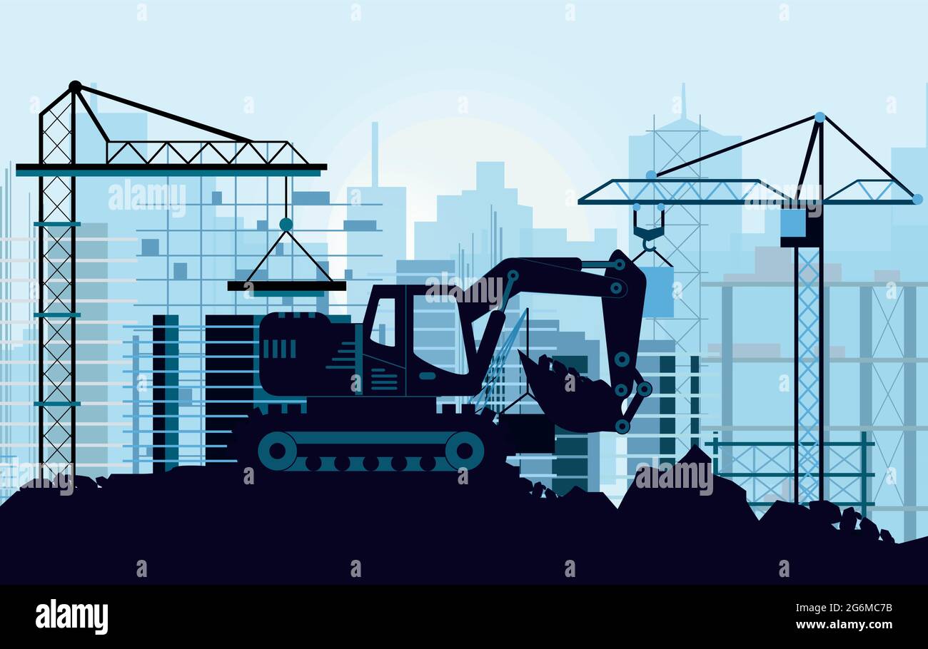 Vector illustration of ground works on construction concept. Excavator digging ground silhouette of buildings and cranes on background in flat style. Stock Vector