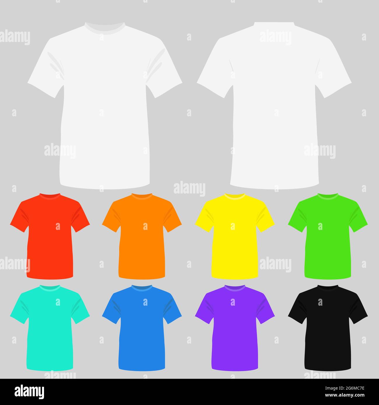 Vector illustration set of templates colored t-shirts. T-shirts in white, black and other bright colors in flat style. Stock Vector