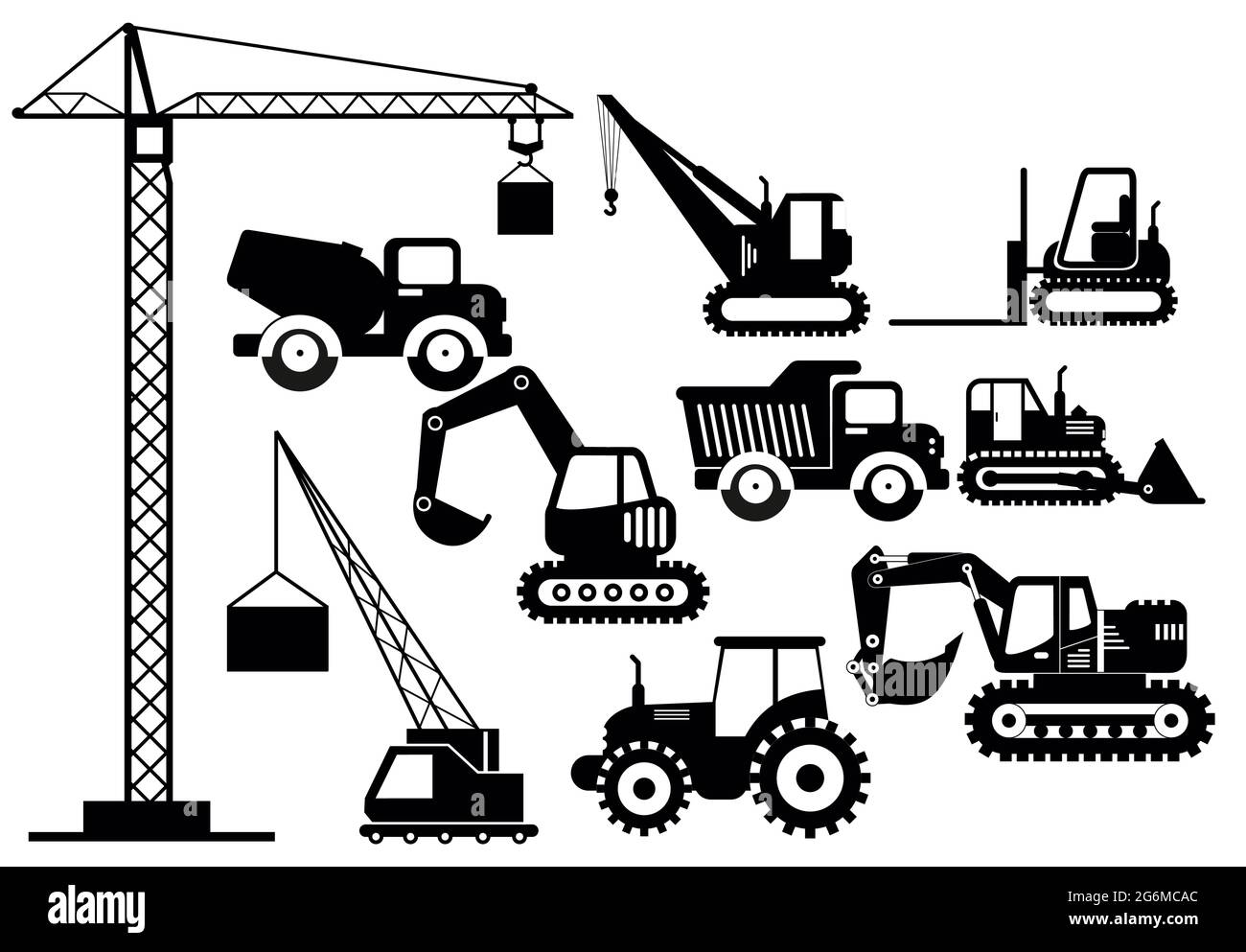 Vector illustration set of excavators and heavy construction machines icons. Silhouette illustration equipment and machinery on white background. Stock Vector