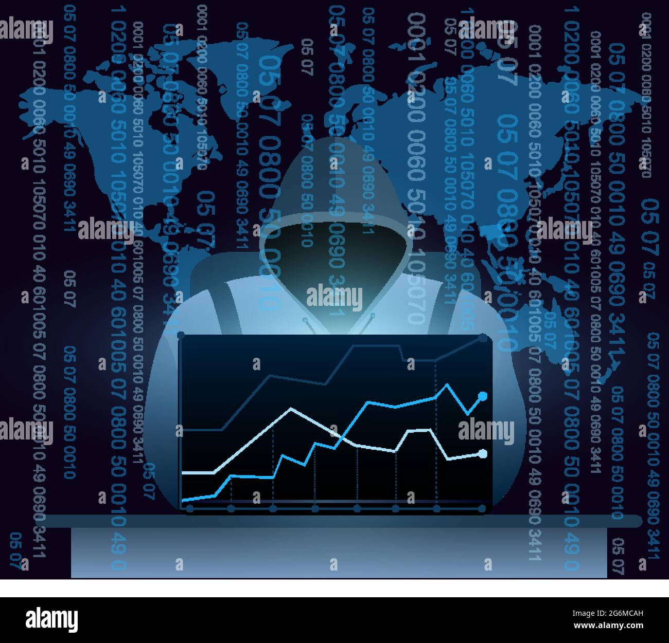 Vector illustration of hacker with laptop, hacking the Internet on world map background, computer security concept, email spam with codes in flat Stock Vector
