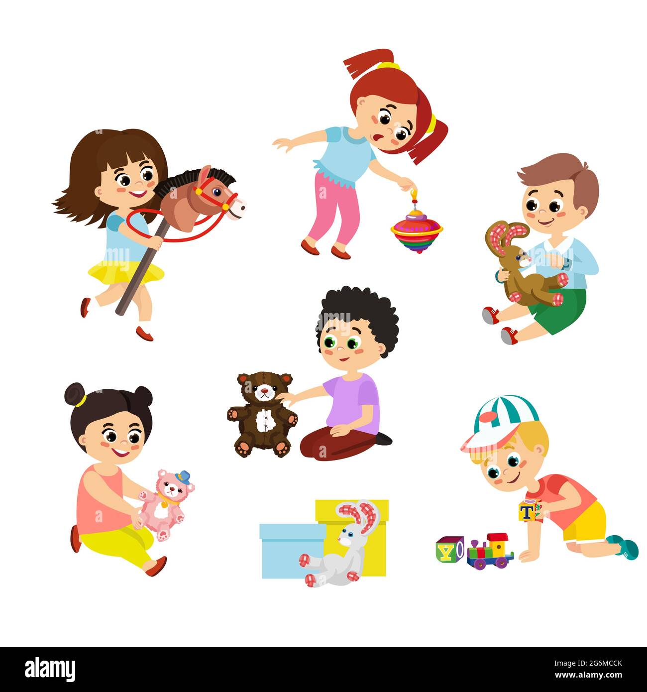 Vector illustration set of children play with toys. Little girl riding a wooden horse, boy hugging a teddy bear and other toys in cartoon flat style. Stock Vector