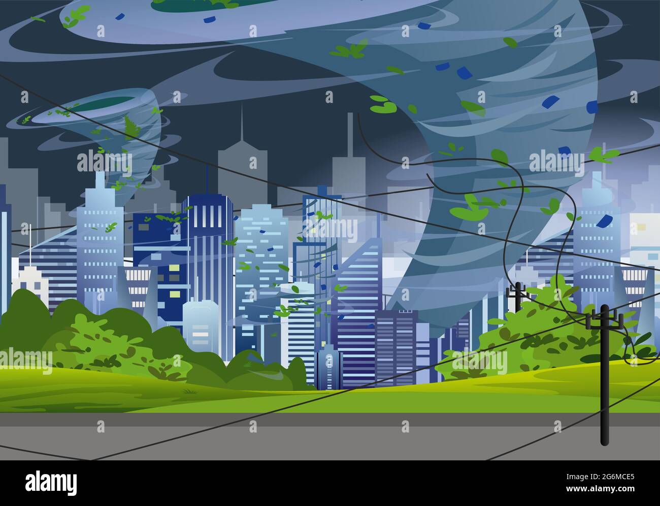 Vector Illustration tornado in modern city destroy buildings. Hurricane huge wind in skyscrapers, waterspout twister storm concept in flat style. Stock Vector