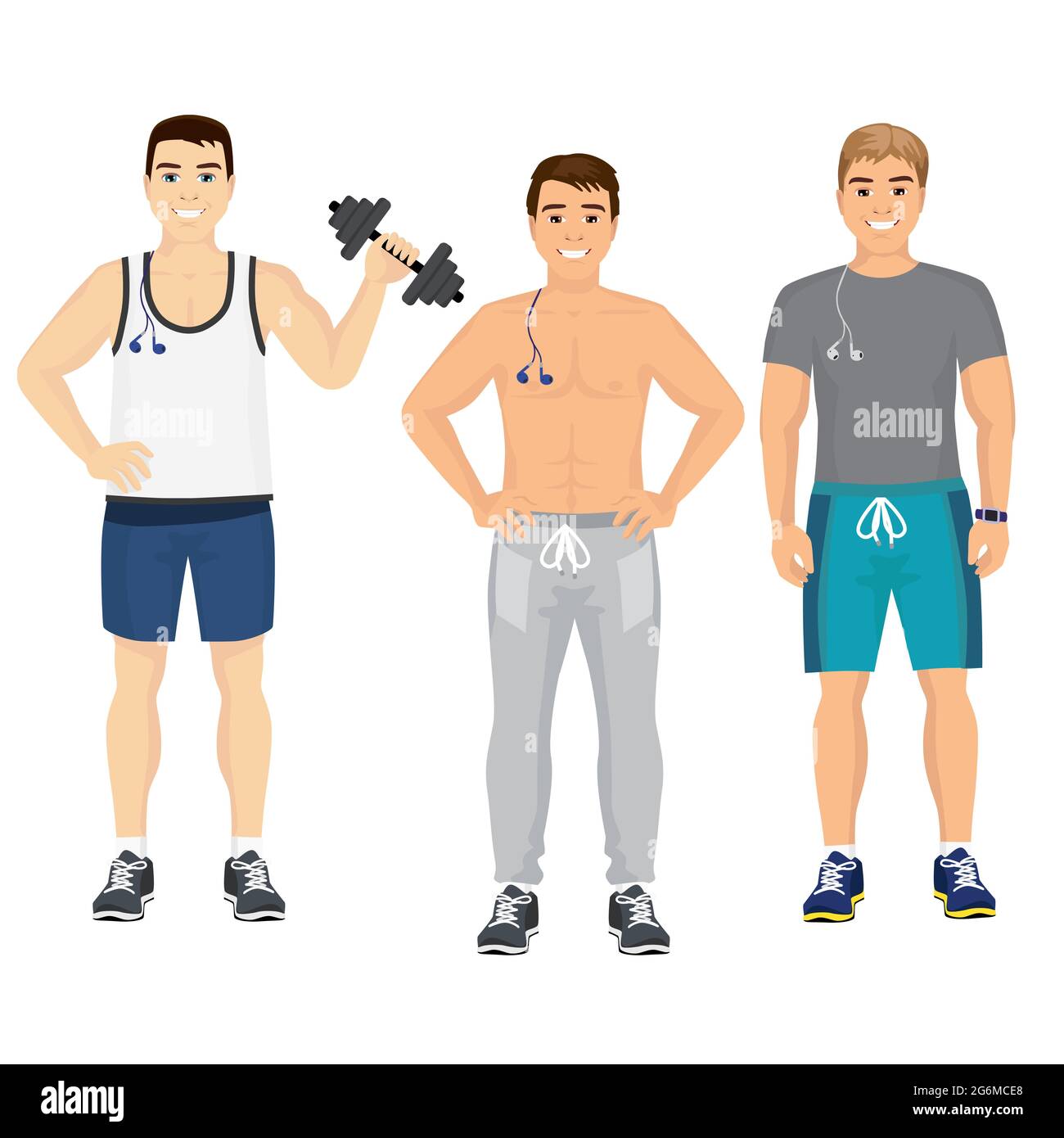 Vector illustration of handsome young guys in fitness outfit in gym. Smiling and happy sport men in gym in flat style. Stock Vector