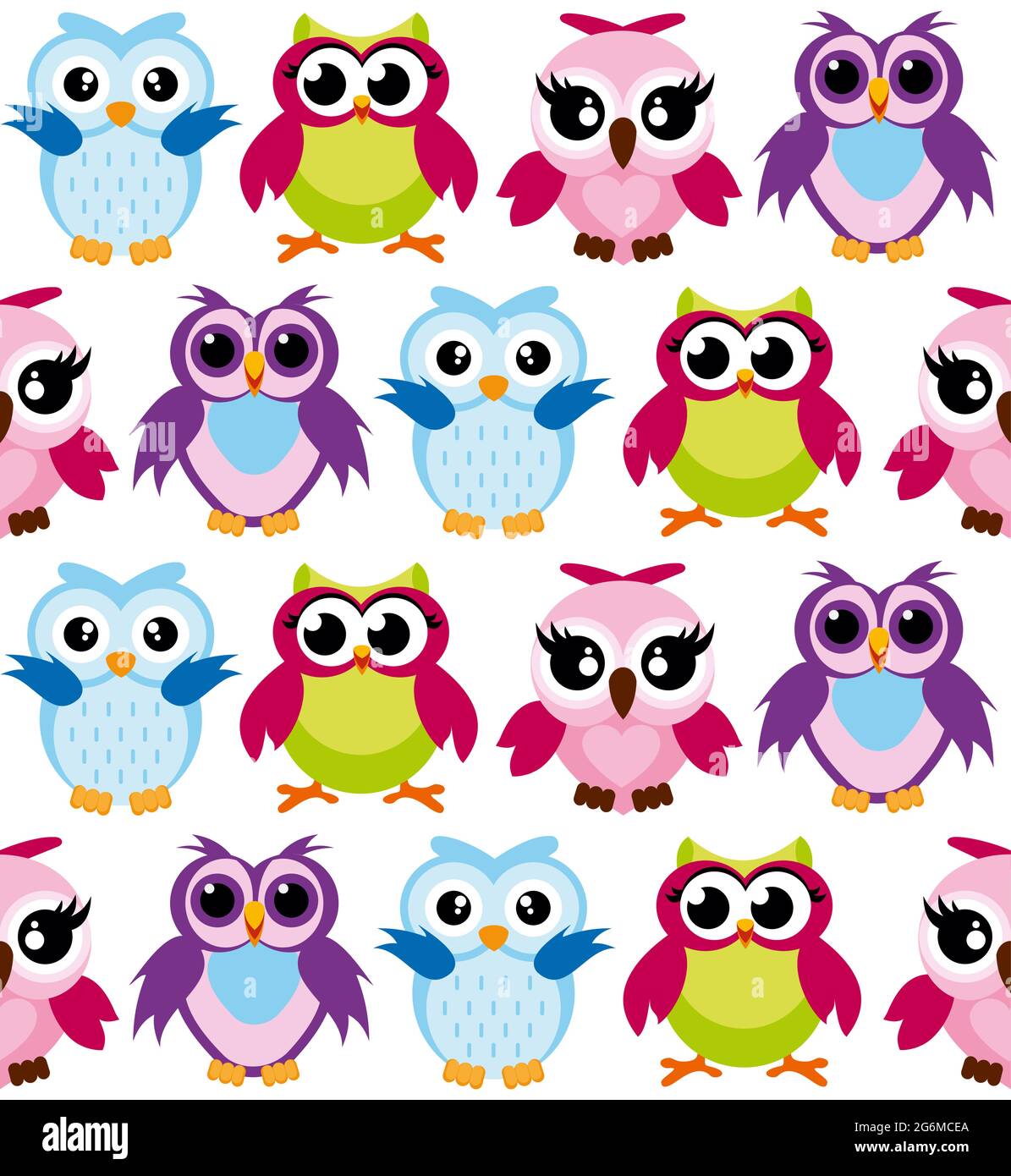 Vector illustration of colorful cartoon funny owls pattern on white ...