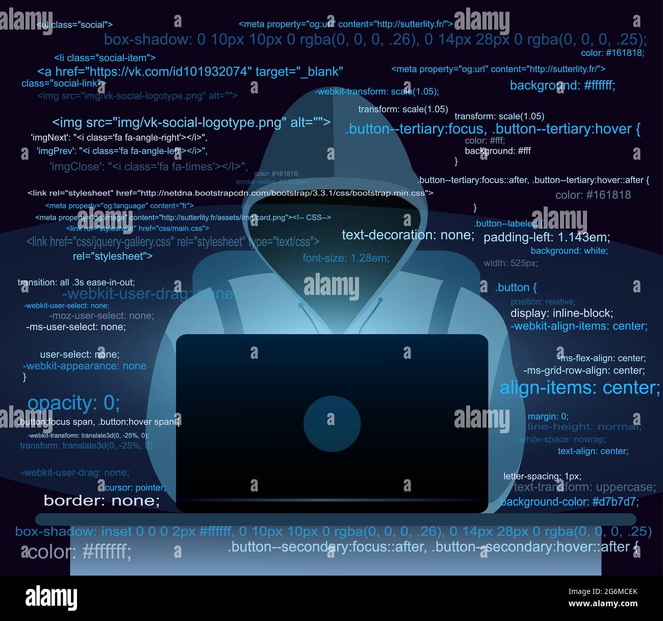 Vector illustration of hacker with laptop, hacking the Internet on dark blue background, computer security concept, email spam with codes in flat Stock Vector