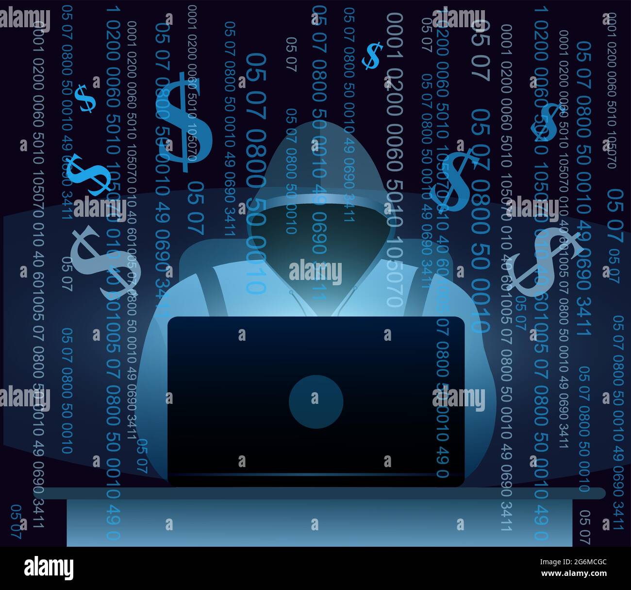 Vector illustration of hacker with laptop, hacking the Internet on dark blue background with money and codes, computer security concept, email spam Stock Vector