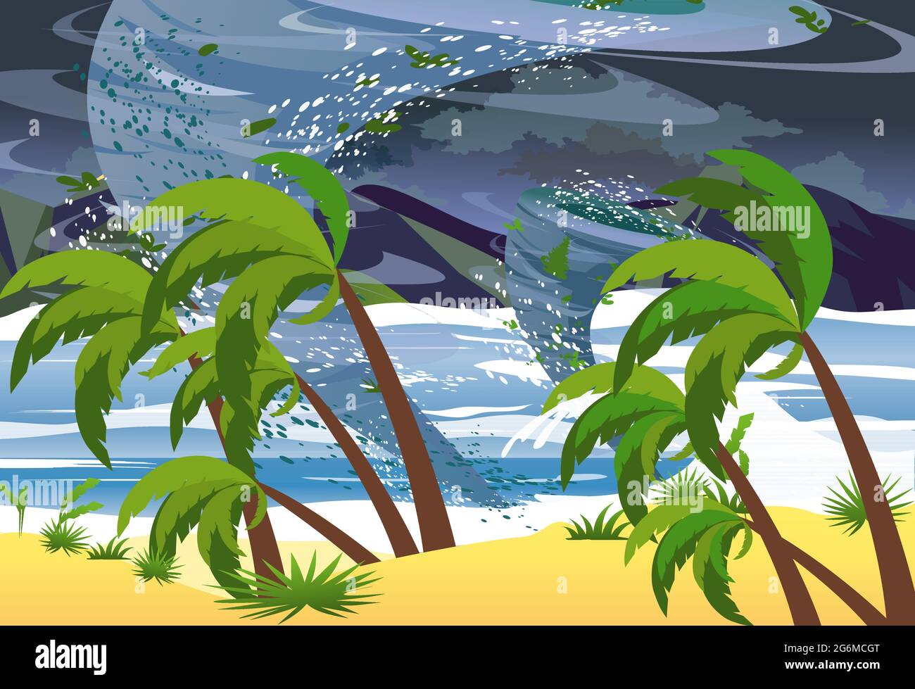 Vector Illustration of hurricane in ocean. Huge waves on the beach. Tropical natural disaster Concept in flat style. Stock Vector