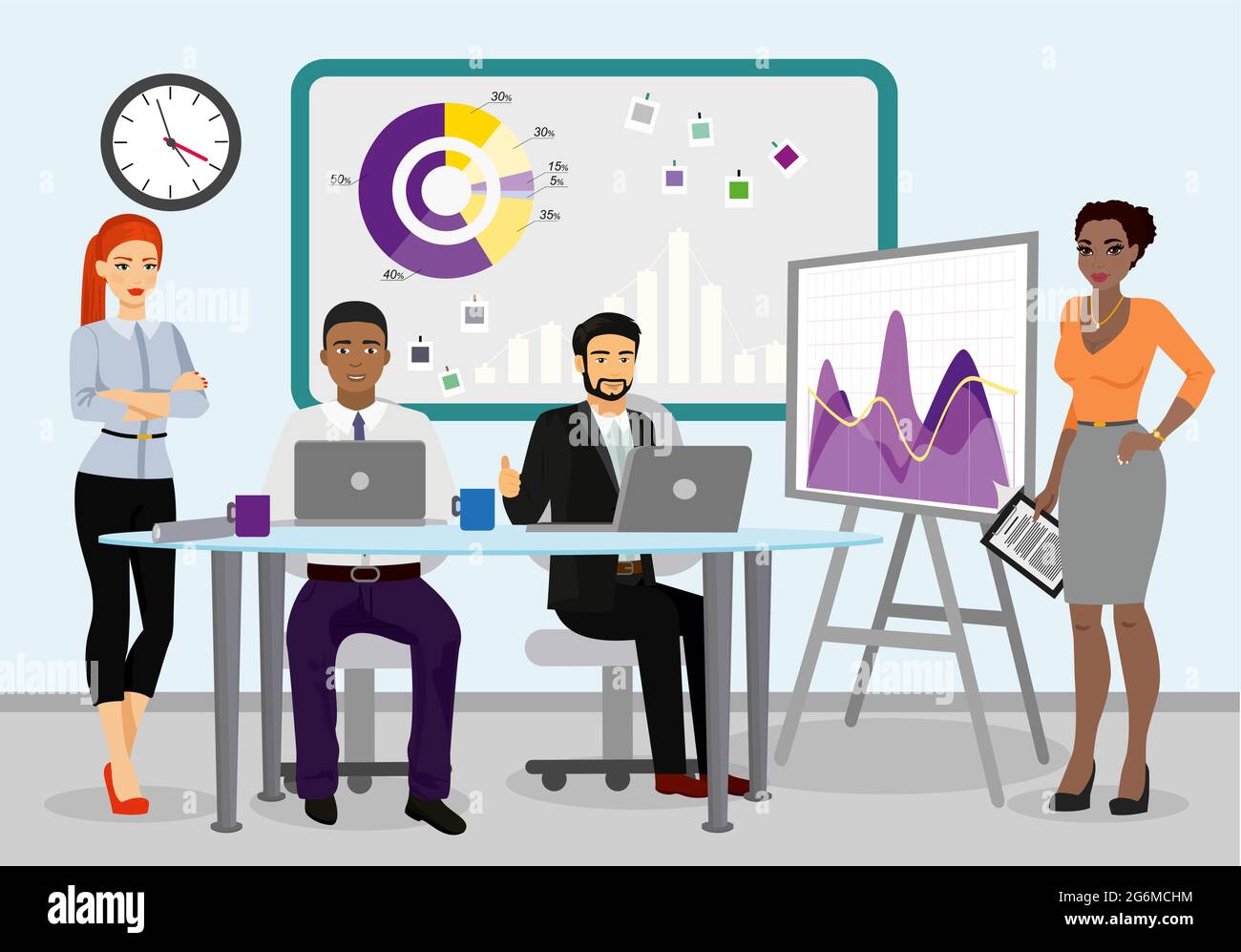 Vector illustration of business team managers working together. businessman leading the presentation during the meeting in office vector illustration. Stock Vector