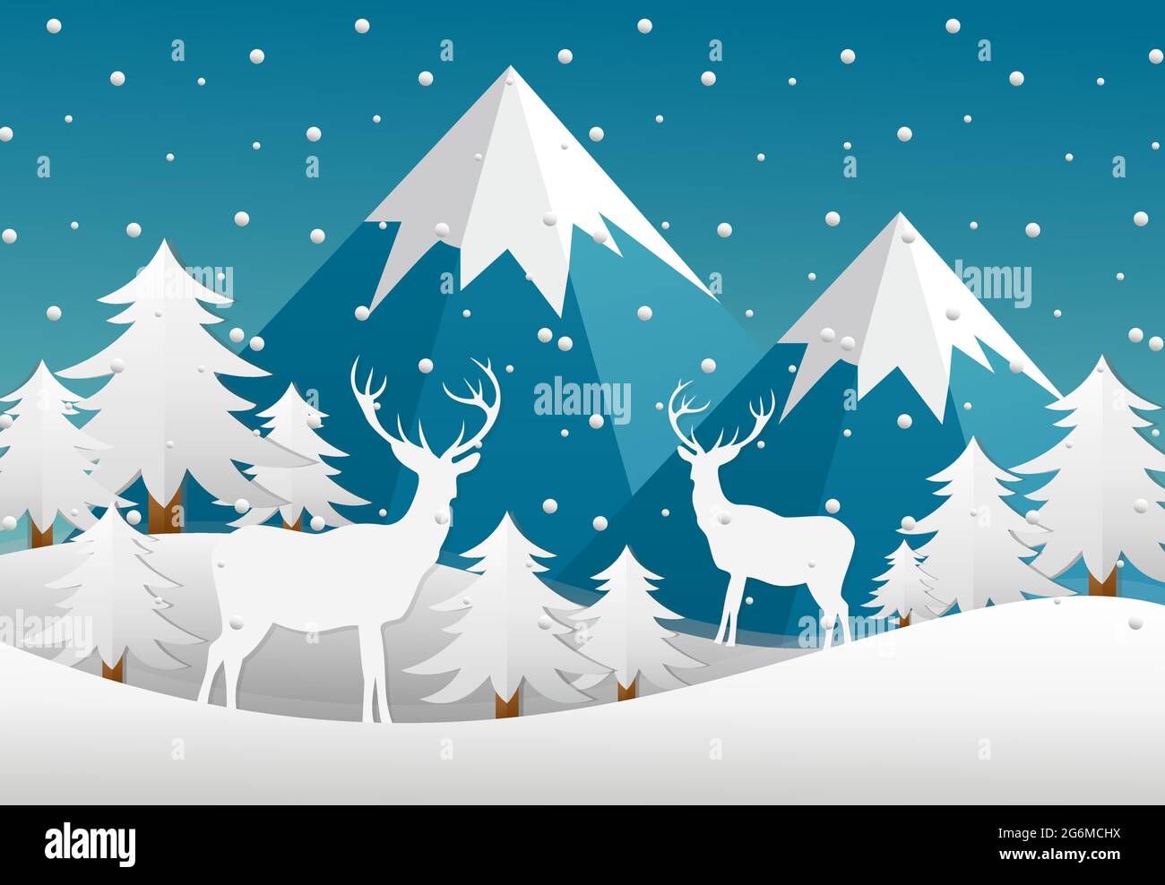 Vector Illustration winter landscape with forest, deers, mountains in ...