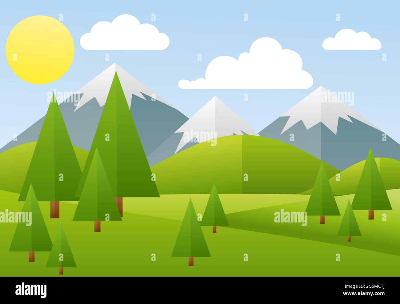 Vector illustration of spring landscape, mountain, forest in flat style ...