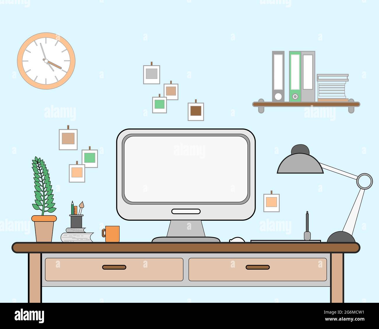 Vector illustration workspace for freelancer with computer, lamp, shelf, books, and cup of coffee on blue wall background in flat style with line. Stock Vector