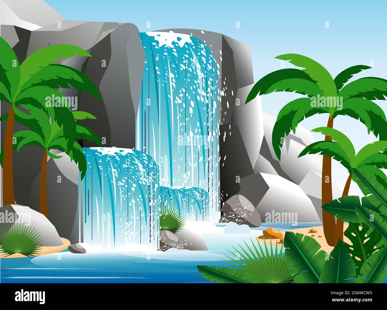 Vector illustration of beautiful waterfall in tropical jungle landscape with trees, rocks and sky. Green palm wood with wild nature and bush foliage Stock Vector