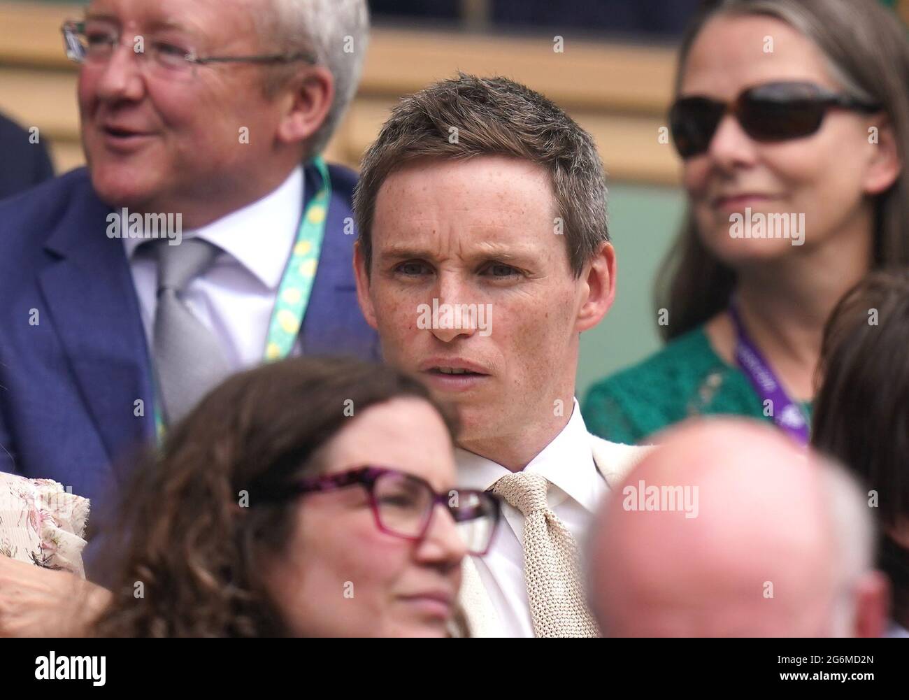 Eddie Redmayne on day nine of Wimbledon at The All England Lawn Tennis and Croquet Club, Wimbledon. Picture date: Wednesday July 7, 2021. Stock Photo