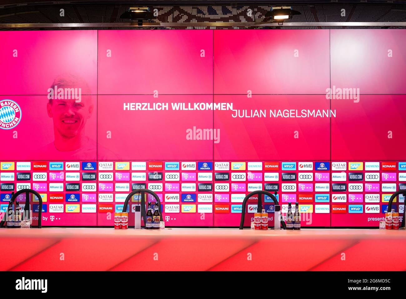 Munich Germany July 7th 2021, football: FC Bayern Munich presents team  manager Julian Nagelsmann; empty press conference room with sponsor logos FC  Bayern München via Mirafoto Stock Photo - Alamy