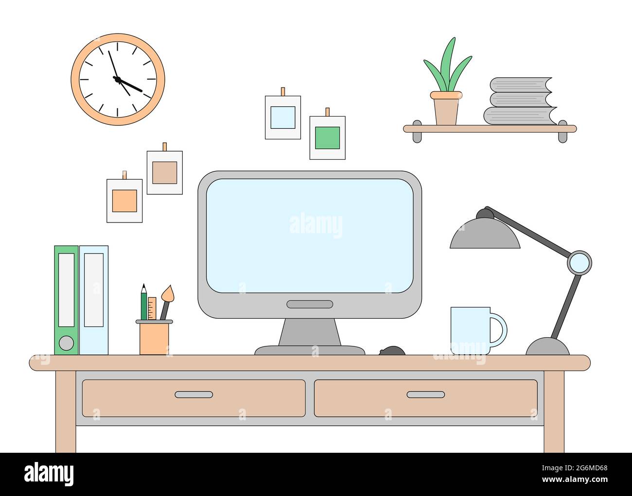 Vector illustration of desk with a computer. Workplace in office or at ...