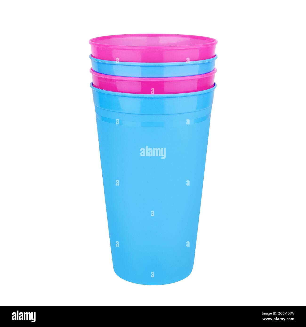 Blue and pink empty plastic cups stack white background isolated close up, four disposable blank drinking glasses, beverage, cocktail, water, juice Stock Photo