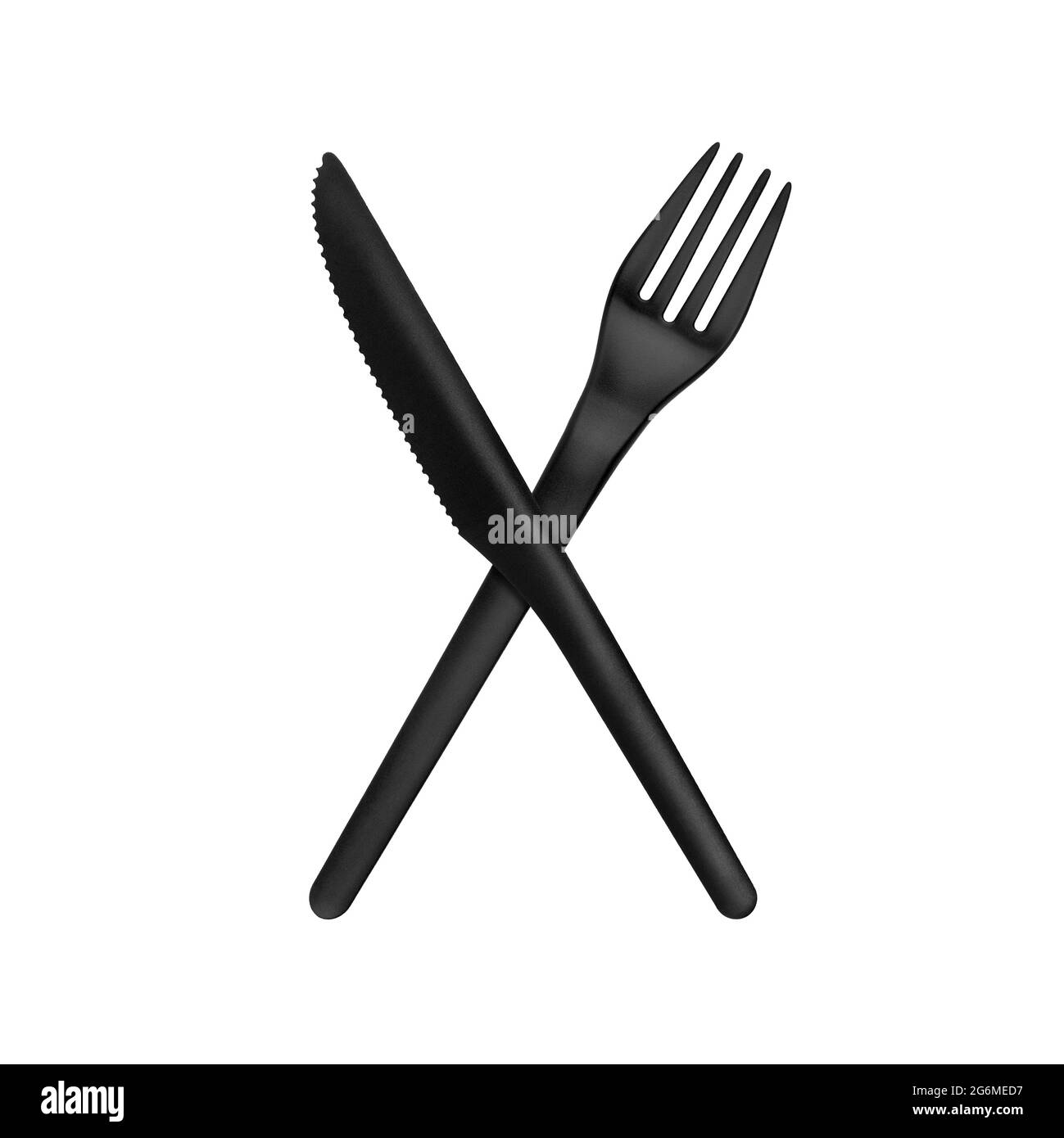 Plastic knife and fork set white background isolated closeup, disposable plastic tableware, one-off black plastic fork and knife, kitchen utensil Stock Photo