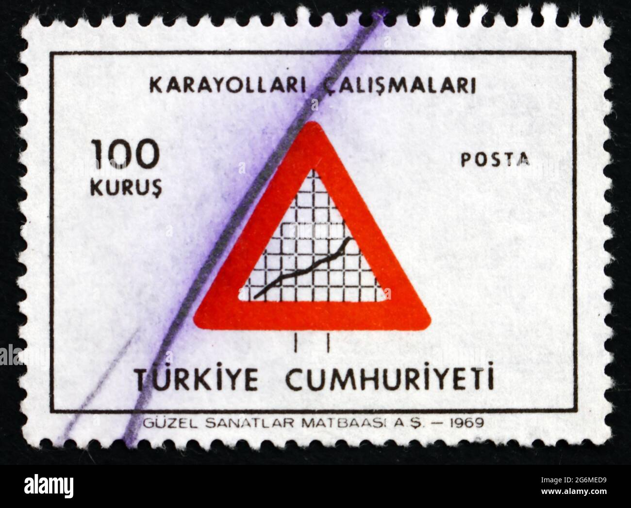 TURKEY - CIRCA 1969: a stamp printed in the Turkey shows Road Sign, Highway Construction, circa 1969 Stock Photo