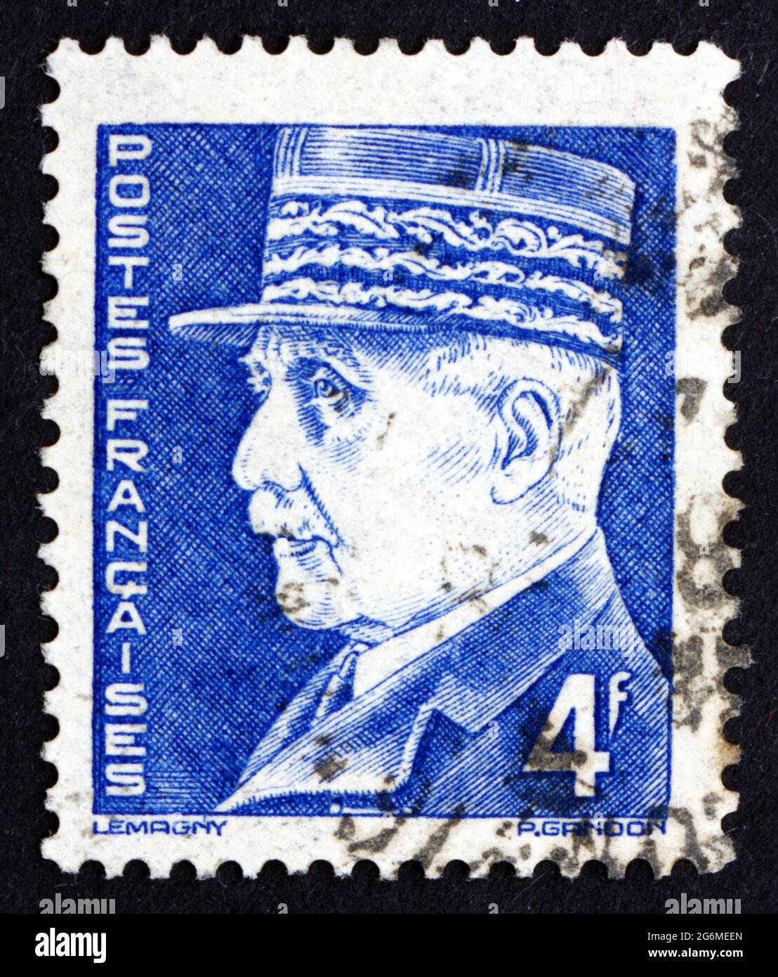 FRANCE - CIRCA 1942: a stamp printed in the France shows Portrait of Marshal Petain, Philippe Petain, Hero of World War I, Chief of State of Vichy Fra Stock Photo