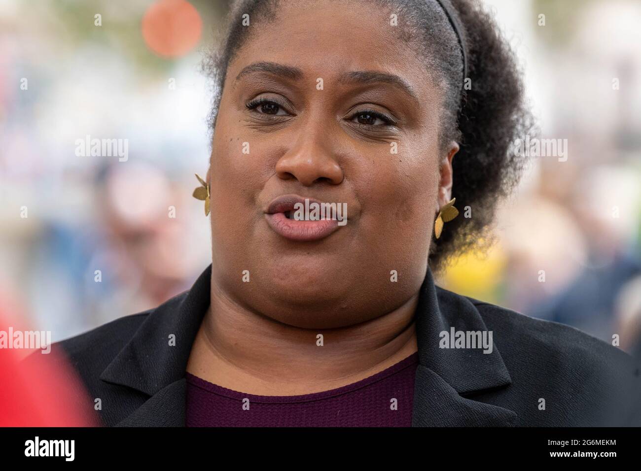 London, UK. 7th July, 2021. Gypsy, Roma and Traveller (GRT) grassroots campaigners holding a rally in Parliament Square, London to resist the Government's Police, Crime, Sentencing and Courts Bill. Bell Ribeiro Addy MP Credit: Ian Davidson/Alamy Live News Stock Photo