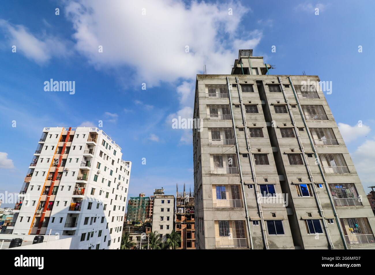 Dhaka, the capital of Bangladesh is full of buildings. Due to the densely populated city, every building here is built very close Stock Photo