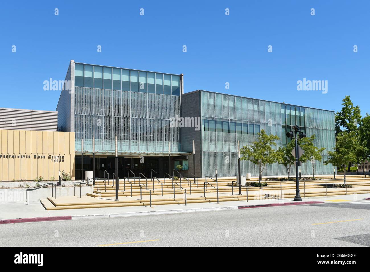 WESTMINSTER, CALIFORNIA - 5 JULY 2021: The Westminster Rose Center complex that includes multiple ballrooms and banquet facilities, including a Perfor Stock Photo