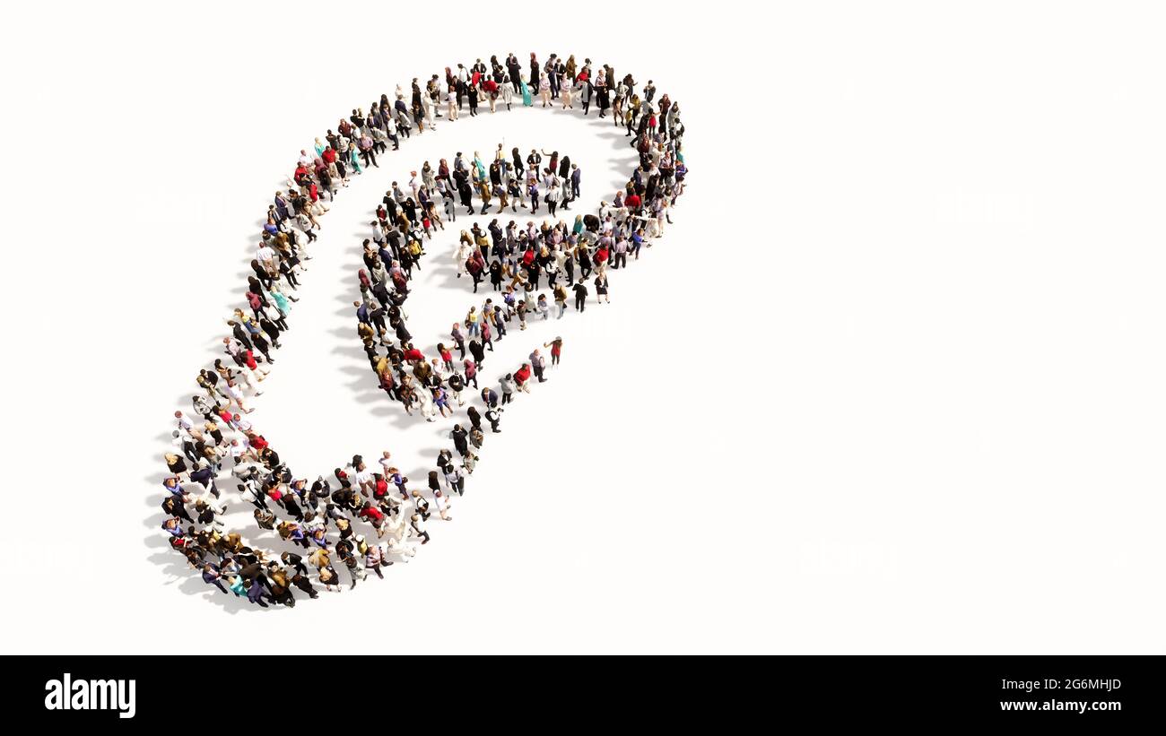 Concept or conceptual large comunity of people forming the image of an ear on gray background.  A 3d illustration metaphor for hearing loss, tinnitus Stock Photo