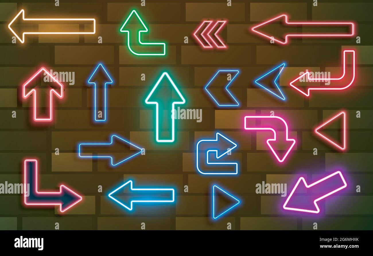 Set of glowing neon arrows. Glowing neon arrow pointers on brick wall ...