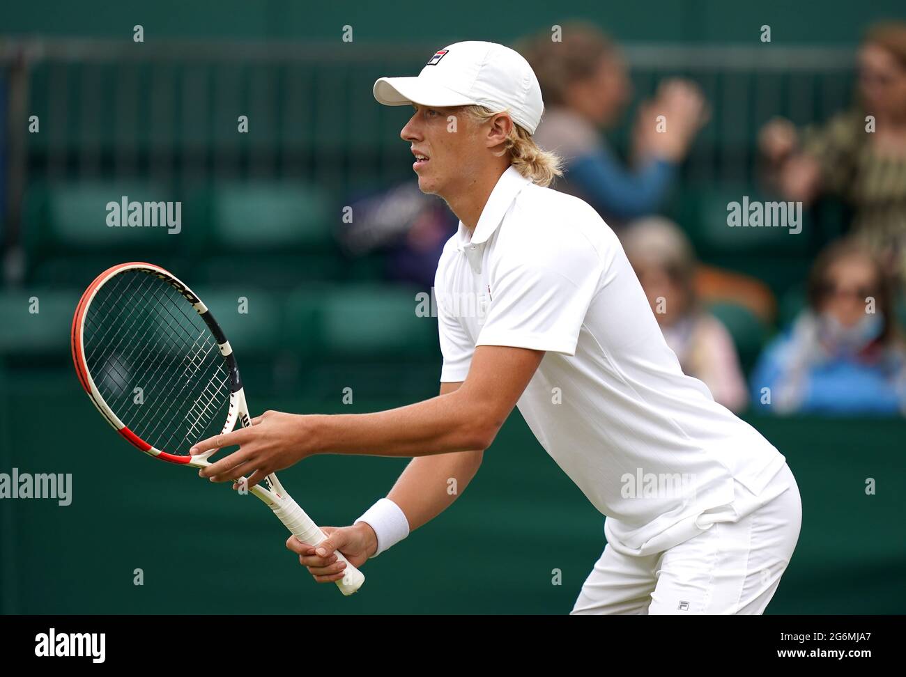 Leo Borg in action with Mark Lajal against Sebastian Dominko and Konstantin  Zhzhenov in the round of 32 match on court 14 on day nine of Wimbledon at  The All England Lawn