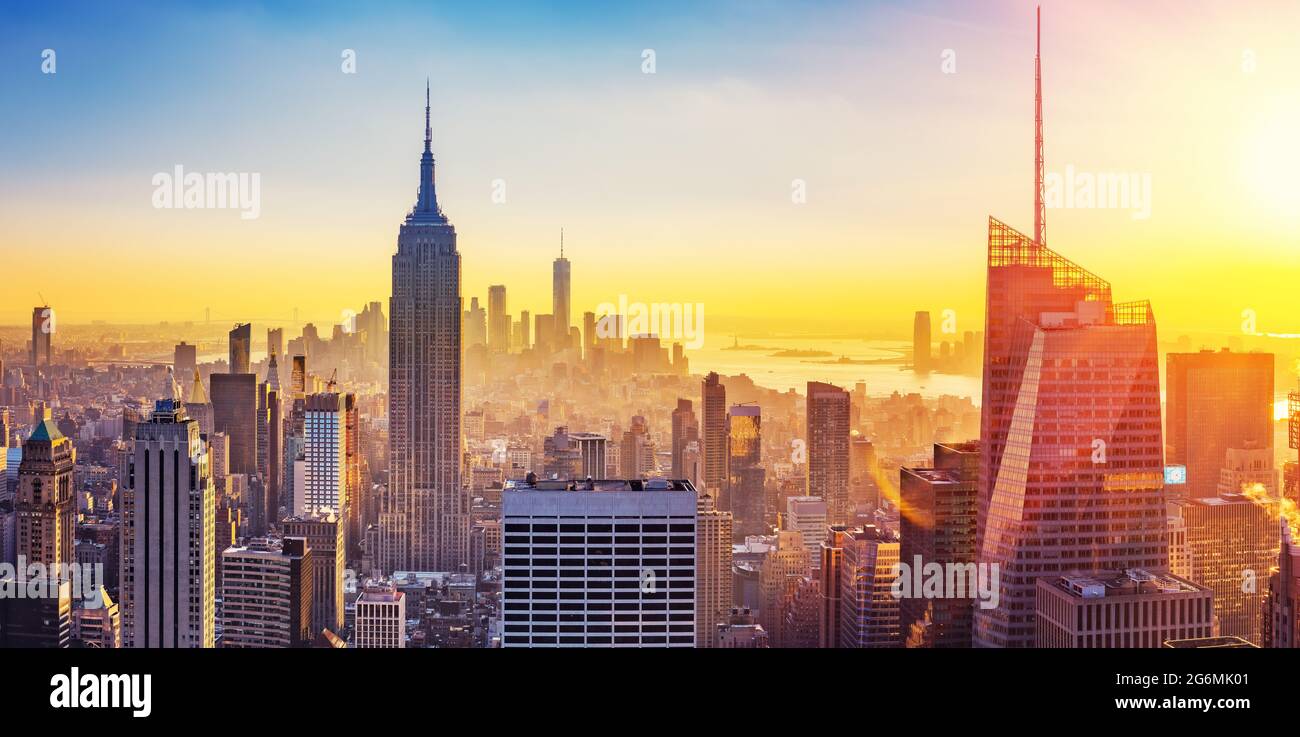 Aerial view of New York City Manhattan at sunset Stock Photo