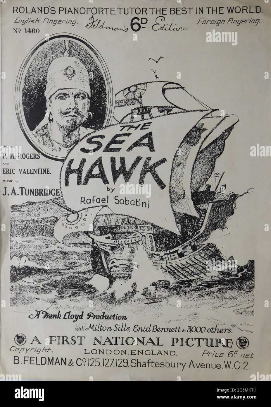 British Sheet Music Cover for MILTON SILLS in THE SEA HAWK 1924 director FRANK LLOYD novel Rafael Sabatini Frank Lloyd Productions / A First National Picture Stock Photo