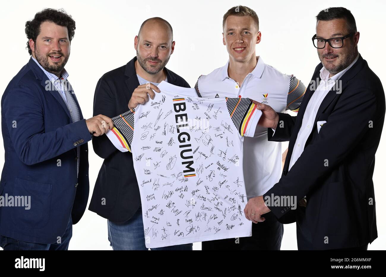 Jerome Paquot, Julien Marchetto of XLG, Belgian Julien Watrin and Dieter Reyntjens pose at a photoshoot for the Belgian Olympic Committee BOIC - COIB Stock Photo