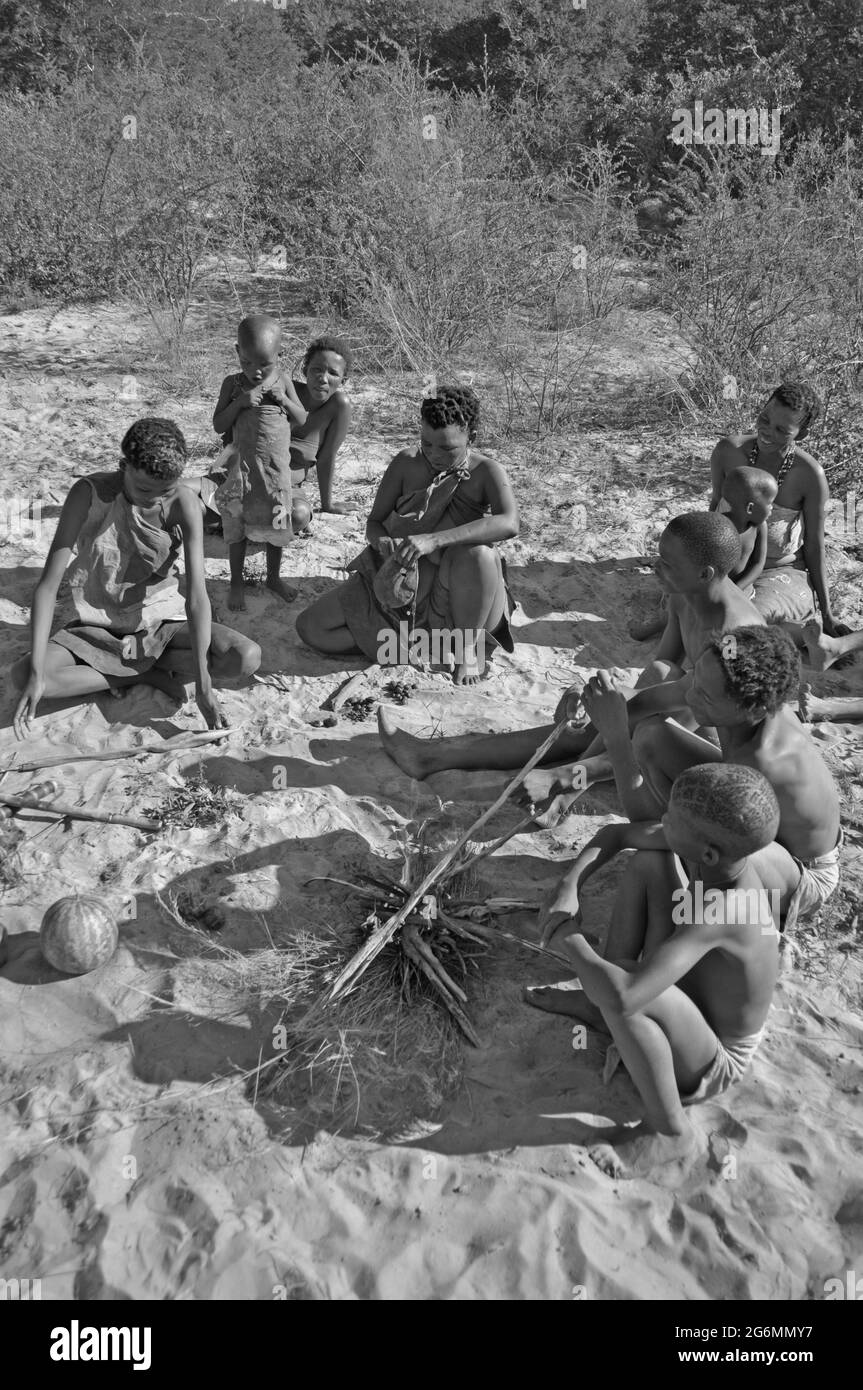 Botswana: A group of bushmen hunter in the Central Kalahari near Ghanzi Stock Photo