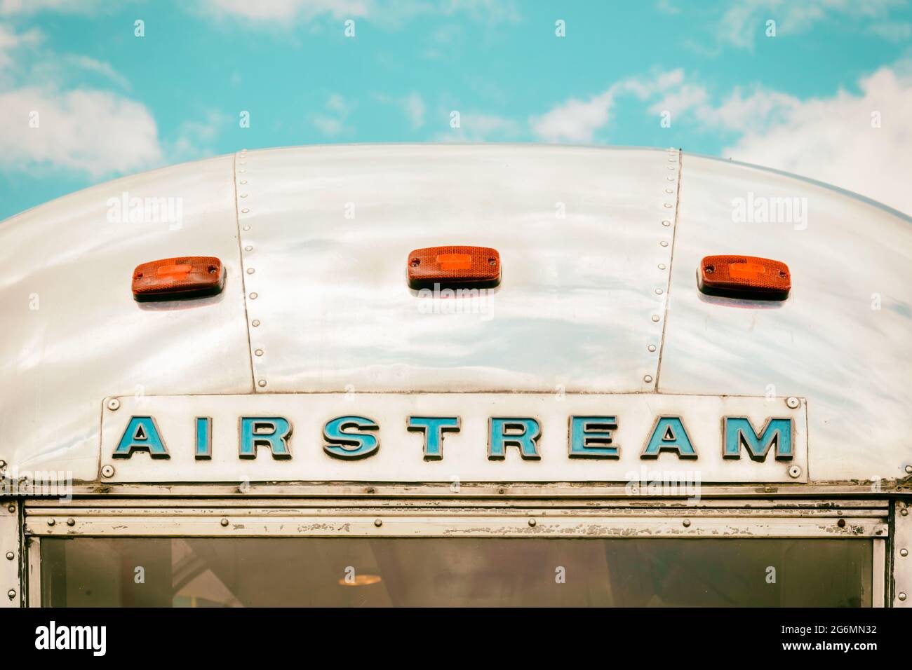 Den Bosch, The Netherlands - May 12, 2019: Rear end of a vintage Airstream aluminum camper trailer in Den Bosch, The Netherlands Stock Photo